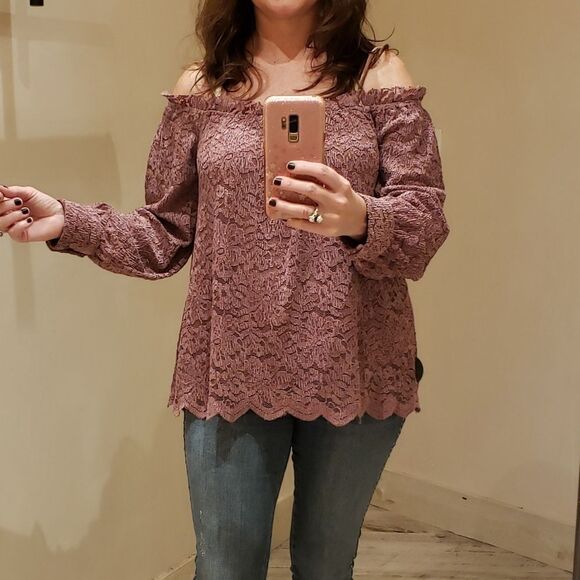 Anthropologie Eri + Ali Lace Off Shoulder Textured Lace Embroidered Top Small - Picture 6 of 11